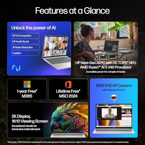 HP Smartchoice OmniBook 5 (Previously Pavilion) 50 Tops, AMD Ryzen AI 5 340 (16GB LPDDR5X, 512GB SSD) WUXGA 2K, 16''/40.6cm, Win11, Office24, Silver, 1.79kg, ag1037au, Next Gen AI Copilot+ Laptop - Image 3