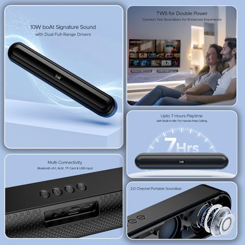 Boat Aavante Bar 490 10W Signature Sound, Dual Full-Range Drivers,7 HRS Battery, Built-in Mic,2.0 CH, Free Music Streaming on JioSaavn, Bluetooth Sound Bar, Soundbar Speaker (Classic Black) - Image 4