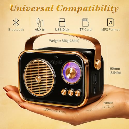 Fire turtle Vintage Bluetooth Wireless Speaker | 10W RMS Loud Sound | Retro Design with Type-C Charging, 8H Battery Backup, USB & AUX Input, Portable Home & - Image 3