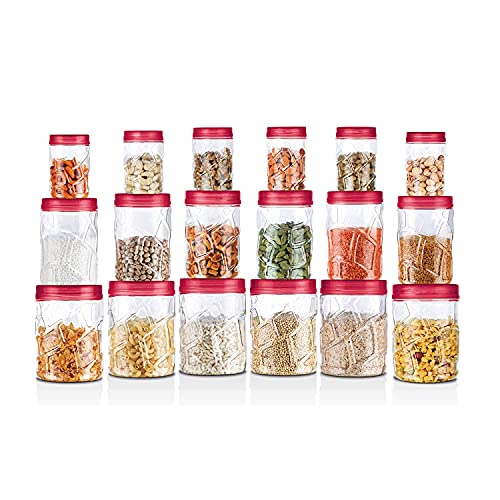 MILTON Vitro PET Canister Set of 18 (6x230ml, 6x600ml, 6x1180ml) Airtight, Food Grade, Transparent, Stackable, For Grains, Pulses, Spices, Cereals, Cookies, Dry Fruits, Fridge Storage Container