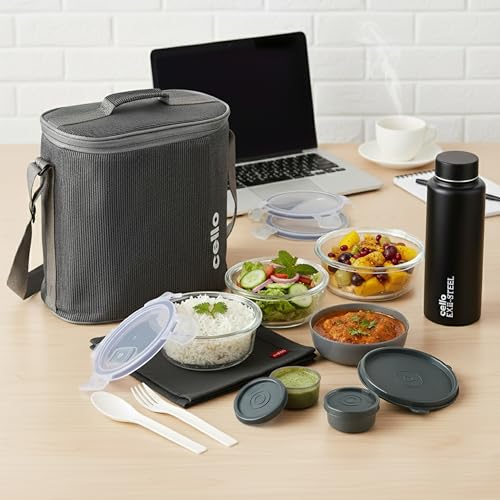 CELLO MF Glassy Pro Max Lunch Box with Jacket for Office, Grey | 3 x 400ml Containers, 1 x 225ml, 2 x 50ml Mini Containers, Bottle 700ml and Spoon & Fork, Microwave Safe Airtight Leakproof Tiffin Box