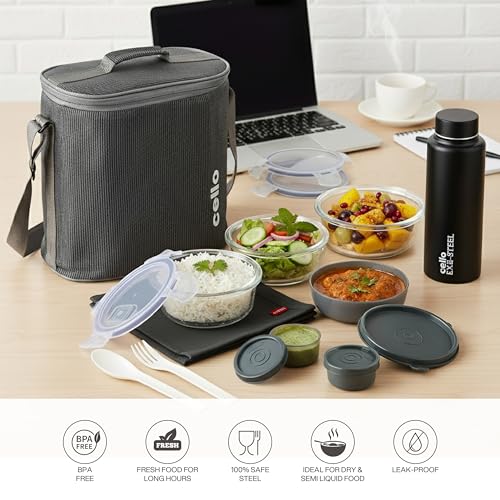 CELLO MF Glassy Pro Max Lunch Box with Jacket for Office, Grey | 3 x 400ml Containers, 1 x 225ml, 2 x 50ml Mini Containers, Bottle 700ml and Spoon & Fork, Microwave Safe Airtight Leakproof Tiffin Box - Image 2