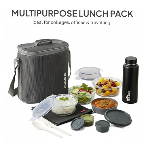 CELLO MF Glassy Pro Max Lunch Box with Jacket for Office, Grey | 3 x 400ml Containers, 1 x 225ml, 2 x 50ml Mini Containers, Bottle 700ml and Spoon & Fork, Microwave Safe Airtight Leakproof Tiffin Box - Image 4