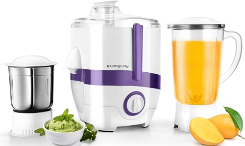 Longway Juicy 600 Watt Juicer Mixer Grinder with 2 Jars for Grinding, Mixing, Juicing with Powerful Motor | 1 Year Warranty (2 Jars, Purple)