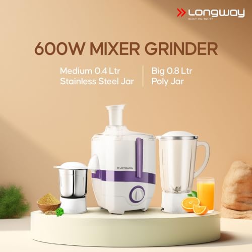 Longway Juicy 600 Watt Juicer Mixer Grinder with 2 Jars for Grinding, Mixing, Juicing with Powerful Motor | 1 Year Warranty (2 Jars, Purple) - Image 5
