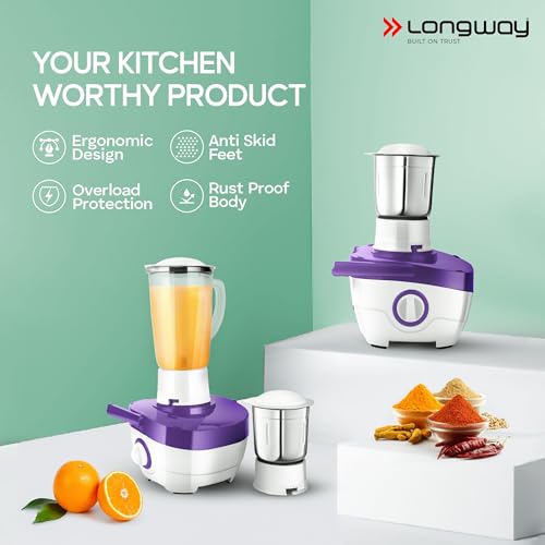 Longway Juicy 600 Watt Juicer Mixer Grinder with 2 Jars for Grinding, Mixing, Juicing with Powerful Motor | 1 Year Warranty (2 Jars, Purple) - Image 7