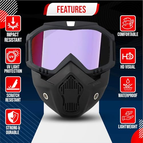 Btag Anti Scratch UV Protective Motorcycle Face Mask with Detachable Goggles | Anti-Fog UV Protection Riding Mask with Removable Breathable Filter | Full Face Windproof Shield for Biking.(Rainbow) - Image 2