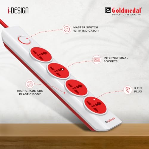 Goldmedal i-Design 4x1 Extension Board | 4 Universal Sockets | Master Switch with LED Indicator | 3 Pin Plug | 2-Meter Extension Cord | Multi Plug for Home Appliances & Office | Red & White - Image 3