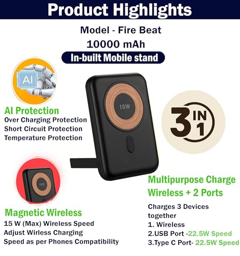pEuroFast 10000 AI Fast Safety Charging Slim Wireless Powerbank Mag Safe (Made in India) for All Wireless Compatible iPhone and Android Models (Slim Wireless) (with Stand) - Image 2