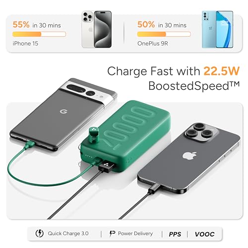 Ambrane 20000mAh Powerbank with in-Build Type C Cable, 22.5W Fast Charging, USB & Type C Output, Power Delivery, Quick Charge for iPhone, Android Mobile & Tablets, Earbuds, (Stylo N20, Purple) - Image 4