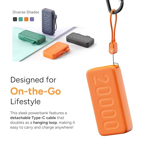 Ambrane 20000mAh Powerbank with in-Build Type C Cable, 22.5W Fast Charging, USB & Type C Output, Power Delivery, Quick Charge for iPhone, Android Mobile & Tablets, Earbuds, (Stylo N20, Purple) - Image 6