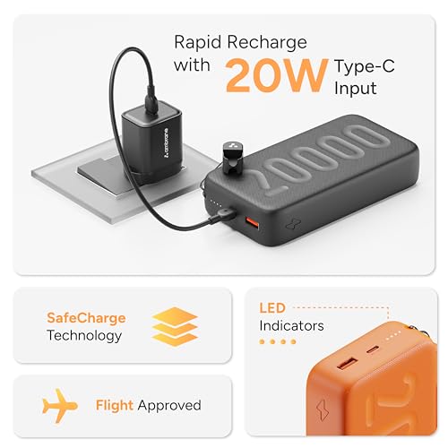 Ambrane 20000mAh Powerbank with in-Build Type C Cable, 22.5W Fast Charging, USB & Type C Output, Power Delivery, Quick Charge for iPhone, Android Mobile & Tablets, Earbuds, (Stylo N20, Purple) - Image 7