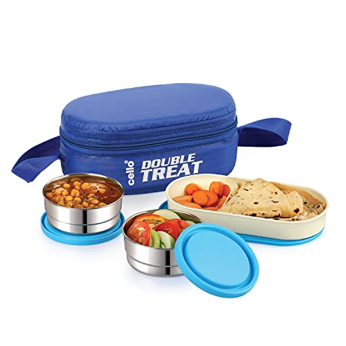 CELLO Double Treat Set of 3 Pcs Lunch Box with Jacket For Daily Use, Blue | 2 x 300ml Stainless Steel Containers, 1 x Oval Container |Lightweight Leakproof Airtight Tiffin Box Case For Office & Travel - Image 3
