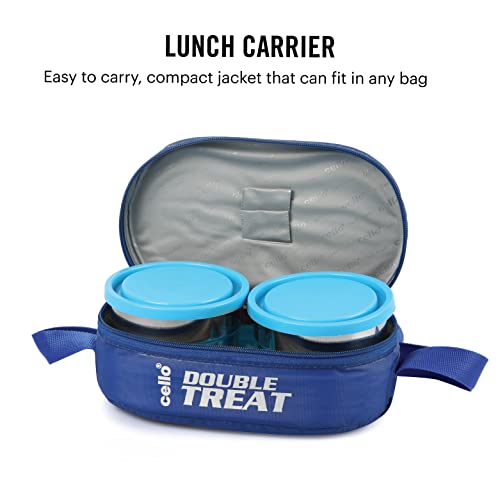 CELLO Double Treat Set of 3 Pcs Lunch Box with Jacket For Daily Use, Blue | 2 x 300ml Stainless Steel Containers, 1 x Oval Container |Lightweight Leakproof Airtight Tiffin Box Case For Office & Travel - Image 5