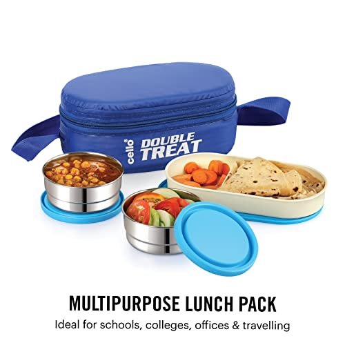 CELLO Double Treat Set of 3 Pcs Lunch Box with Jacket For Daily Use, Blue | 2 x 300ml Stainless Steel Containers, 1 x Oval Container |Lightweight Leakproof Airtight Tiffin Box Case For Office & Travel - Image 7