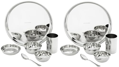 Amazon Brand - Solimo Dinner Set| Stainless Steel | Set of 6 | Solid Mirror Finish | Silver (Pack of 2)