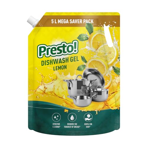 Amazon Brand - Presto! Dishwash Gel | Lemon | 5 L Refill Value Pack | Dishwash Liquid | Cuts Through Grease | Safe On Hands