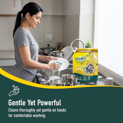 Amazon Brand - Presto! Dishwash Gel | Lemon | 5 L Refill Value Pack | Dishwash Liquid | Cuts Through Grease | Safe On Hands - Image 3