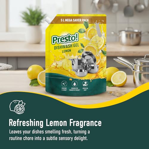 Amazon Brand - Presto! Dishwash Gel | Lemon | 5 L Refill Value Pack | Dishwash Liquid | Cuts Through Grease | Safe On Hands - Image 4
