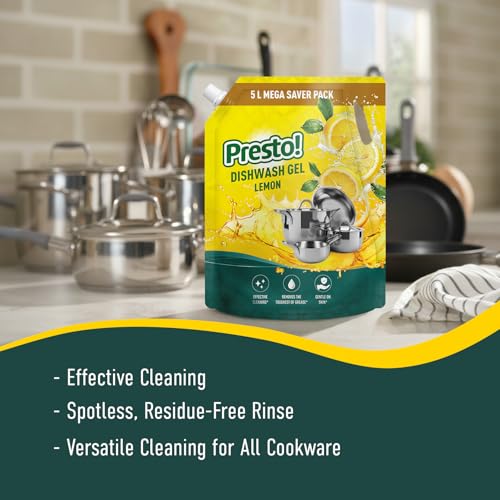 Amazon Brand - Presto! Dishwash Gel | Lemon | 5 L Refill Value Pack | Dishwash Liquid | Cuts Through Grease | Safe On Hands - Image 5