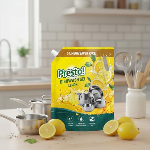 Amazon Brand - Presto! Dishwash Gel | Lemon | 5 L Refill Value Pack | Dishwash Liquid | Cuts Through Grease | Safe On Hands - Image 6
