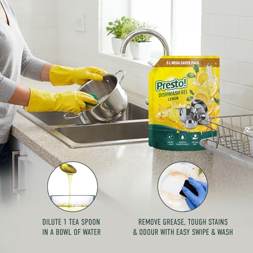 Amazon Brand - Presto! Dishwash Gel | Lemon | 5 L Refill Value Pack | Dishwash Liquid | Cuts Through Grease | Safe On Hands - Image 7