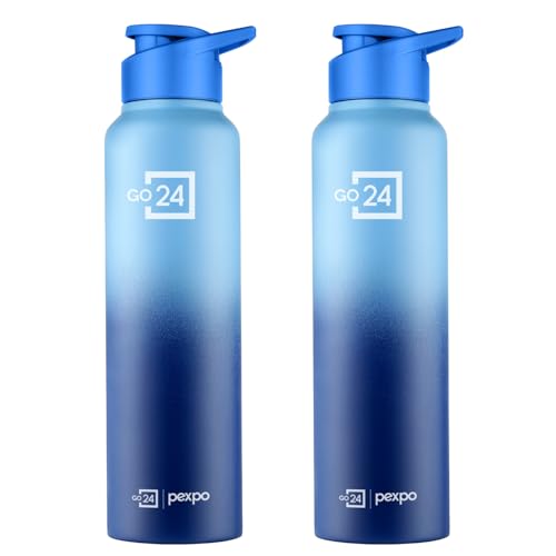 PEXPO Water Bottle 1 ltr Stainless Steel Sports/Fridge Bottle with Sipper Cap (Pack of 2)| Single Wall | For Home, Office, Gym, Travelling | Lightweight | Craft Pro 950ml | Blue-Denim Blue Ombre