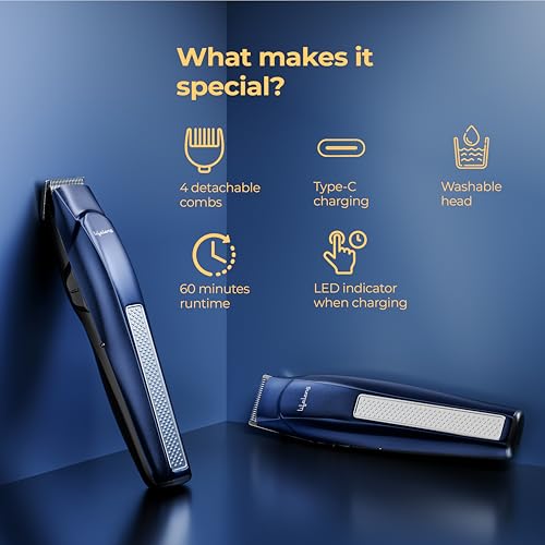 Lifelong Trim EZ Rechargeable Beard Trimmer for Men | SkinProtect Blades, Cordless Groomer with 4 Attachments, Brush & Oil Bottle, 500mAh Lithium Battery, USB Type-C Charging, 60 Min Runtime (Blue) - Image 2