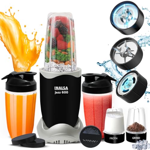 INALSA Blender Mixer Grinder|5 Jar & 600W Copper Motor| Blenders for Smoothies and Juices| Smoothie MakerBlender NutriBlender 3 Blades Including Froth Blade 2Yr Warranty,Jazz 600