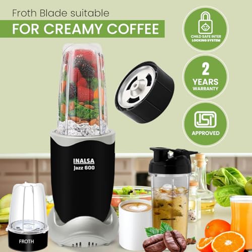 INALSA Blender Mixer Grinder|5 Jar & 600W Copper Motor| Blenders for Smoothies and Juices| Smoothie MakerBlender NutriBlender 3 Blades Including Froth Blade 2Yr Warranty,Jazz 600 - Image 6