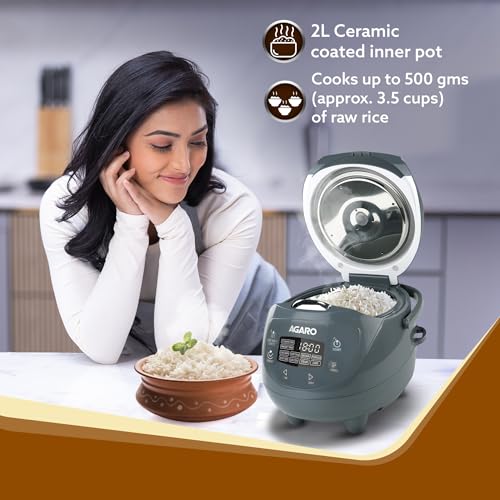 AGARO Imperial Electric Rice Cooker, 2L Ceramic Coated Inner Bowl, 500 gms (approx. 3.5 cups) raw rice, Steam Basket, 8 Preset Cooking Function, Advanced Fuzzy Logic, 24Hrs Keep Warm Function, 350W - Image 3