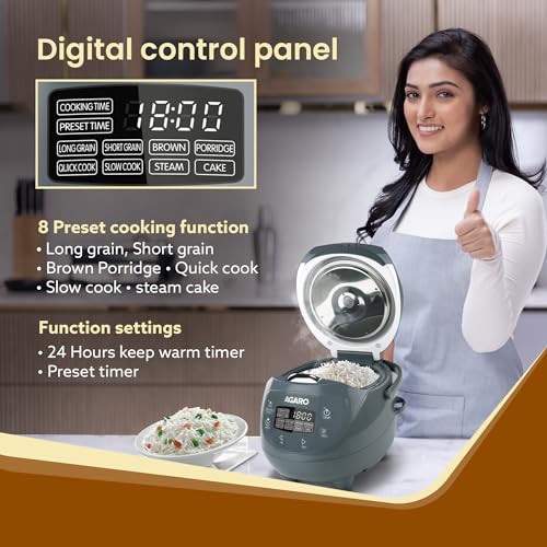 AGARO Imperial Electric Rice Cooker, 2L Ceramic Coated Inner Bowl, 500 gms (approx. 3.5 cups) raw rice, Steam Basket, 8 Preset Cooking Function, Advanced Fuzzy Logic, 24Hrs Keep Warm Function, 350W - Image 4