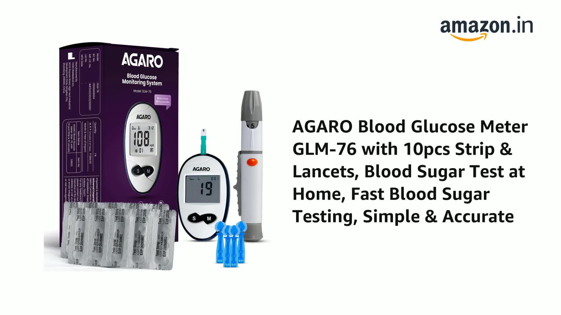 AGARO Glucometer, Blood Glucose Monitoring System with 10pcs Strips & Lancets, Glucometer Machine, Instant Blood Sugar Test at Home, Fast Blood Sugar Testing Device, Simple & Accurate, GLM-76. - Image 2