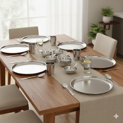 36 Pieces Stainless Steel Dinnerware/Dinner Set - 6 Thali, 6 D.Plate, 12 Bowl, 6 Glass, 6 Spoon, Kitchen Set for Home & Restaurants, Family - Silver,Solid - Image 3