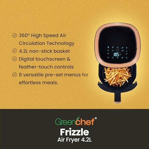 Greenchef Digital Air Fryer Frizzle with Touch Panel, uses up to 90% less fat, 8 Pre-set Menu, 1200W, 4.2 Liter (Black), Large - Image 7