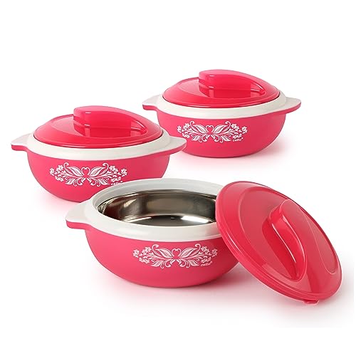 CELLO Hot Serve Set of 3 Pieces Casserole Hot Pot Box For Kitchen, Pink (500ml, 850ml, 1500ml) | Serving Inner Steel Insulated Food Grade Airtight Sturdy Handle Casseroles Set For Roti Chapati Rice