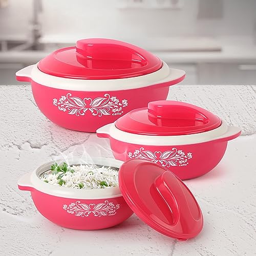 CELLO Hot Serve Set of 3 Pieces Casserole Hot Pot Box For Kitchen, Pink (500ml, 850ml, 1500ml) | Serving Inner Steel Insulated Food Grade Airtight Sturdy Handle Casseroles Set For Roti Chapati Rice - Image 3