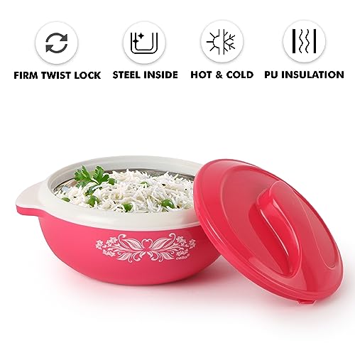 CELLO Hot Serve Set of 3 Pieces Casserole Hot Pot Box For Kitchen, Pink (500ml, 850ml, 1500ml) | Serving Inner Steel Insulated Food Grade Airtight Sturdy Handle Casseroles Set For Roti Chapati Rice - Image 4