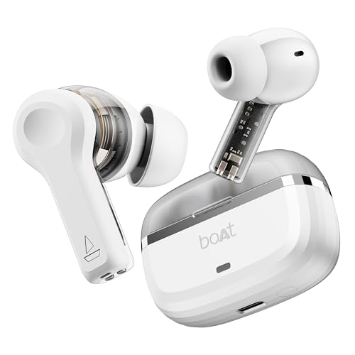 Boat Nirvana Space, 360 Spatial Audio, Active Noise Cancellation (~32dB), 100Hrs Battery,4Mics ENx, Fast Charge, v5.3 Bluetooth TWS in Ear Earbuds Wireless Earphones with mic (Celestial White)