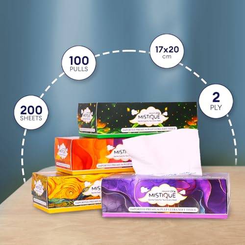 MISTIQUE Ultra Soft 2 Ply Facial Tissue Box | 400 Pulls | 100 Pulls x 4 Boxes | Skin Friendly & Highly Absorbent | Natural Virgin Pulp | Car, Home & Office Use | Sheet Size (17 * 20) cm - Image 7
