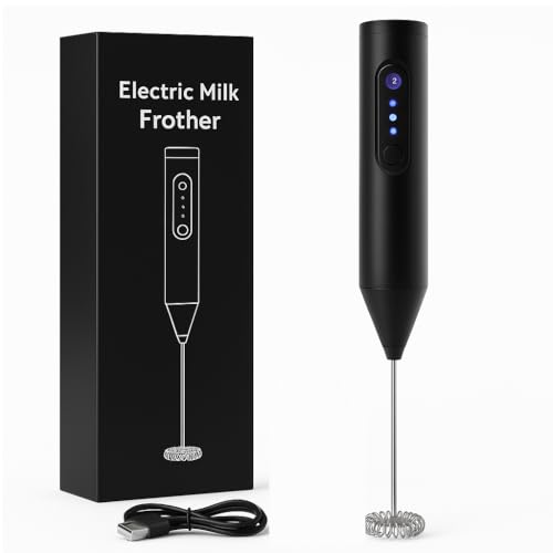 Bonsenkitchen Royal Milk, 3‑Speed Electric for Coffee with Whisk and, Mixer, Stand‑up Design, for Cream (Whisk Milk), Rechargeable,Stainless Steel(Black)