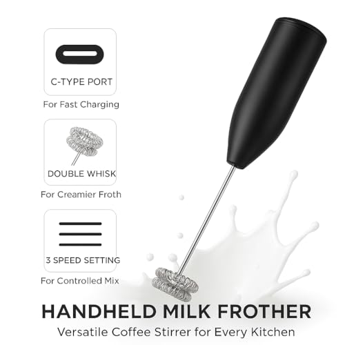 Bonsenkitchen Royal Milk, 3‑Speed Electric for Coffee with Whisk and, Mixer, Stand‑up Design, for Cream (Whisk Milk), Rechargeable,Stainless Steel(Black) - Image 3