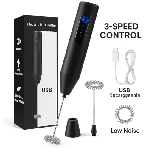 Bonsenkitchen Royal Milk, 3‑Speed Electric for Coffee with Whisk and, Mixer, Stand‑up Design, for Cream (Whisk Milk), Rechargeable,Stainless Steel(Black) - Image 4