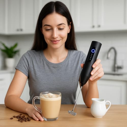 Bonsenkitchen Royal Milk, 3‑Speed Electric for Coffee with Whisk and, Mixer, Stand‑up Design, for Cream (Whisk Milk), Rechargeable,Stainless Steel(Black) - Image 5