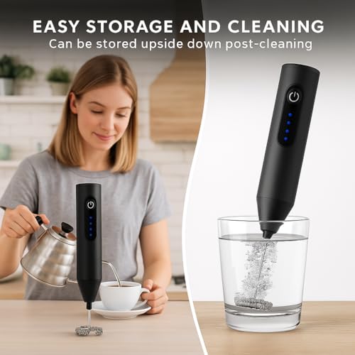 Bonsenkitchen Royal Milk, 3‑Speed Electric for Coffee with Whisk and, Mixer, Stand‑up Design, for Cream (Whisk Milk), Rechargeable,Stainless Steel(Black) - Image 6