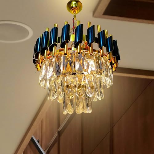 Desidiya Black Mamba Modern Crystal Pendant Light 2 Tiers Black and Gold Fixtures 14” Round, Stainless Steel Tube Crystal Golden Finish Exqusite Design Pendant for Home and Office (300mm) - Image 4
