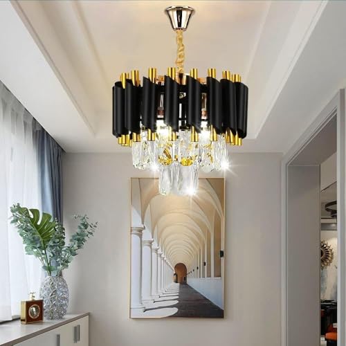 Desidiya Black Mamba Modern Crystal Pendant Light 2 Tiers Black and Gold Fixtures 14” Round, Stainless Steel Tube Crystal Golden Finish Exqusite Design Pendant for Home and Office (300mm) - Image 6
