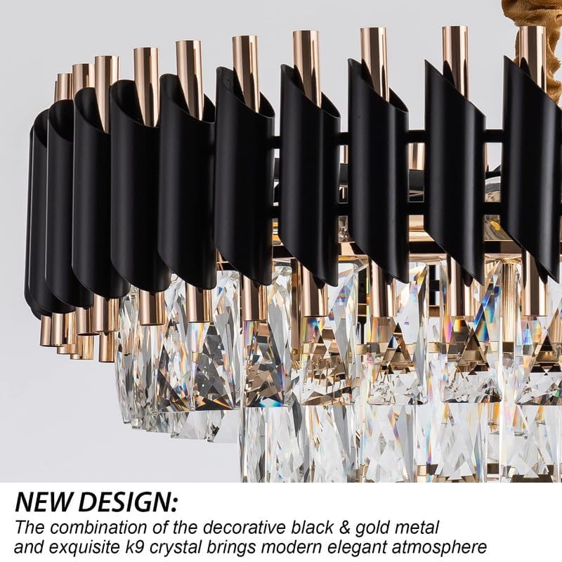 Desidiya Black Mamba Modern Crystal Pendant Light 2 Tiers Black and Gold Fixtures 14” Round, Stainless Steel Tube Crystal Golden Finish Exqusite Design Pendant for Home and Office (300mm) - Image 7