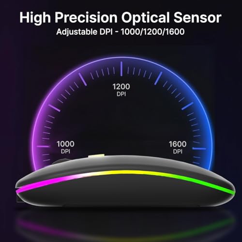 pTron Flick M1 Slim Wireless Mouse w/Rechargeable Battery, Dual Connectivity 2.4Ghz & BT, 4 Buttons, 1000/1200/1600 DPI, Vivid LED Lights, Silent Operation, Plug & Play, Type C Charging (Black) - Image 4