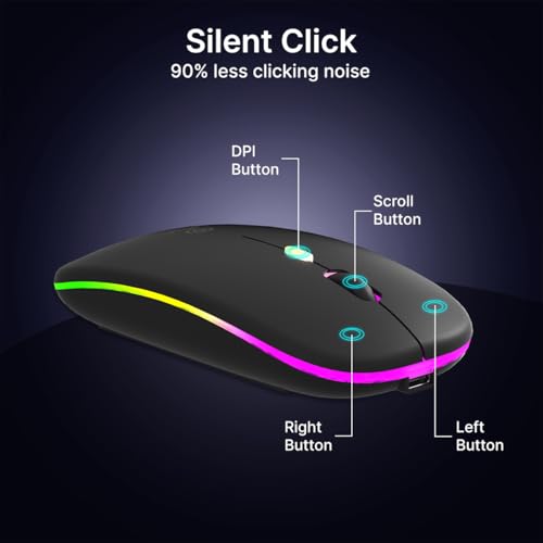 pTron Flick M1 Slim Wireless Mouse w/Rechargeable Battery, Dual Connectivity 2.4Ghz & BT, 4 Buttons, 1000/1200/1600 DPI, Vivid LED Lights, Silent Operation, Plug & Play, Type C Charging (Black) - Image 6